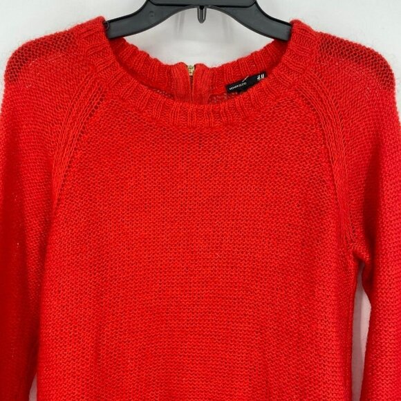 H&M Sweater Women's Sz M Red Knit Crew Neck Mohair Blend Raglan Sleeve Back Zip - Picture 5 of 8